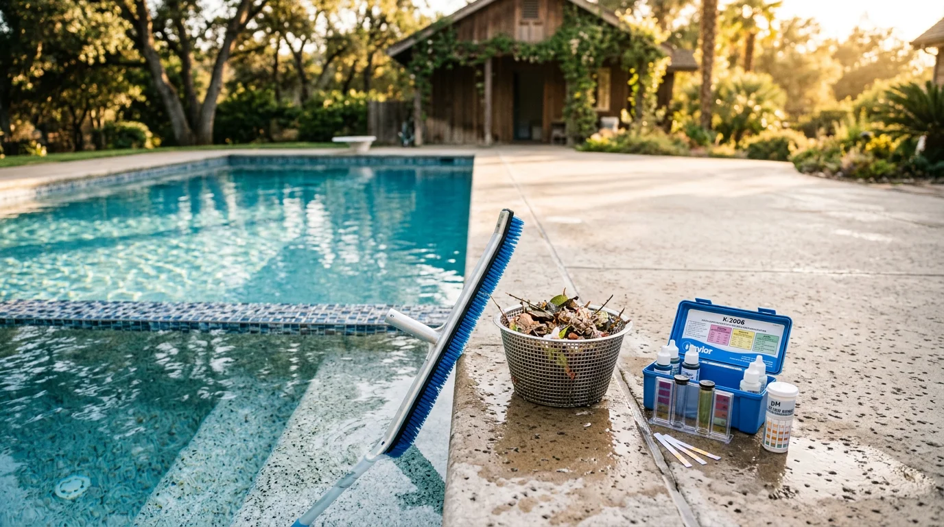 Pool care technician kneeling beside a clean residential pool, using a water test kit to check chemical balance — MV Dream Pools maintenance service