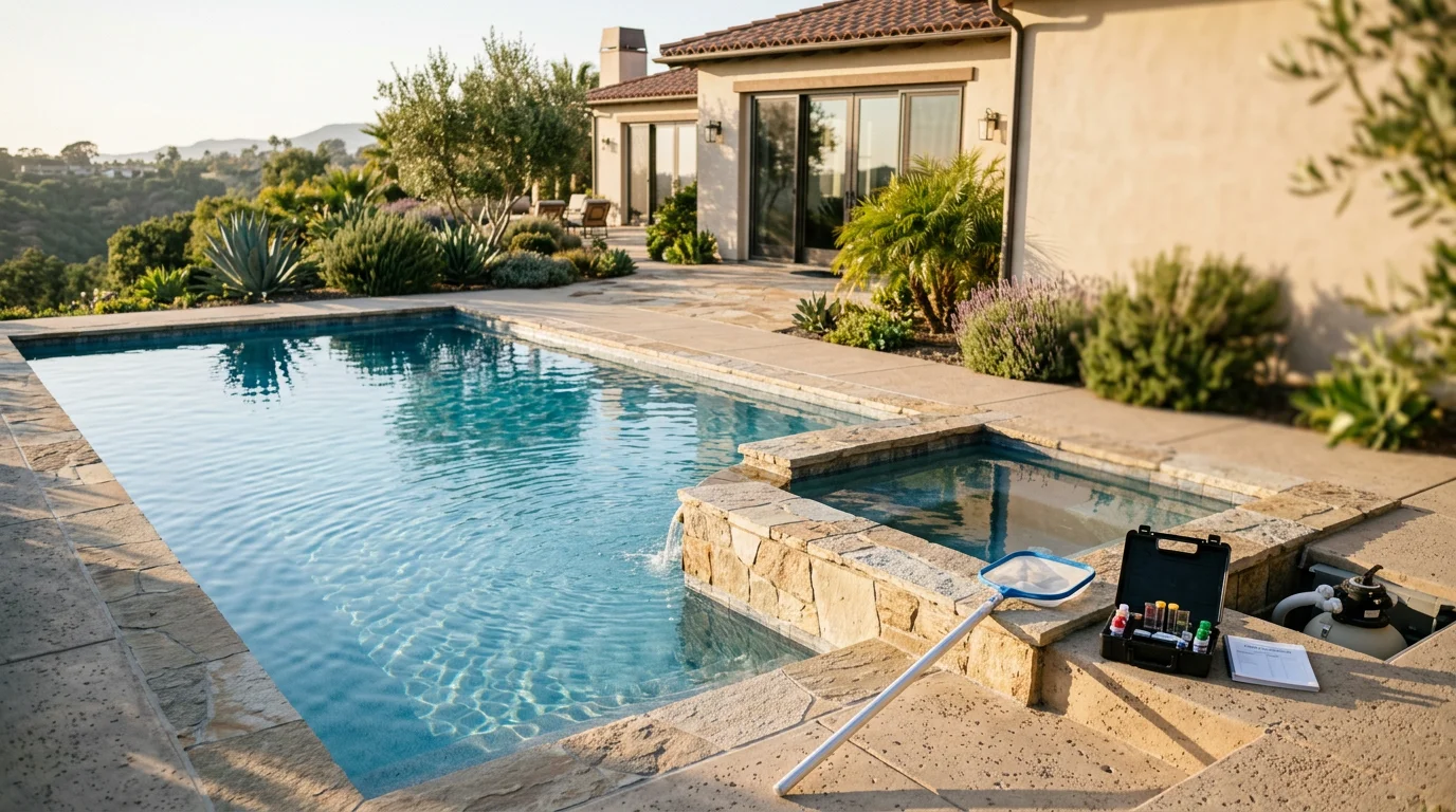 Premium custom residential swimming pool with integrated spa, stone coping, and lush landscaping — showcasing MV Dream Pools' construction and design craftsmanship