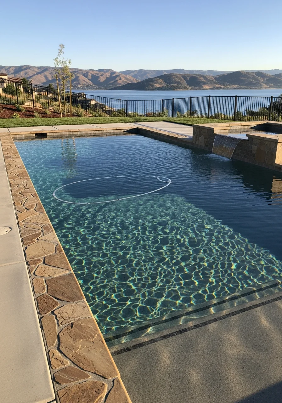 Lakeside homeowner standing in front of completed project with lake-view foothills in background.