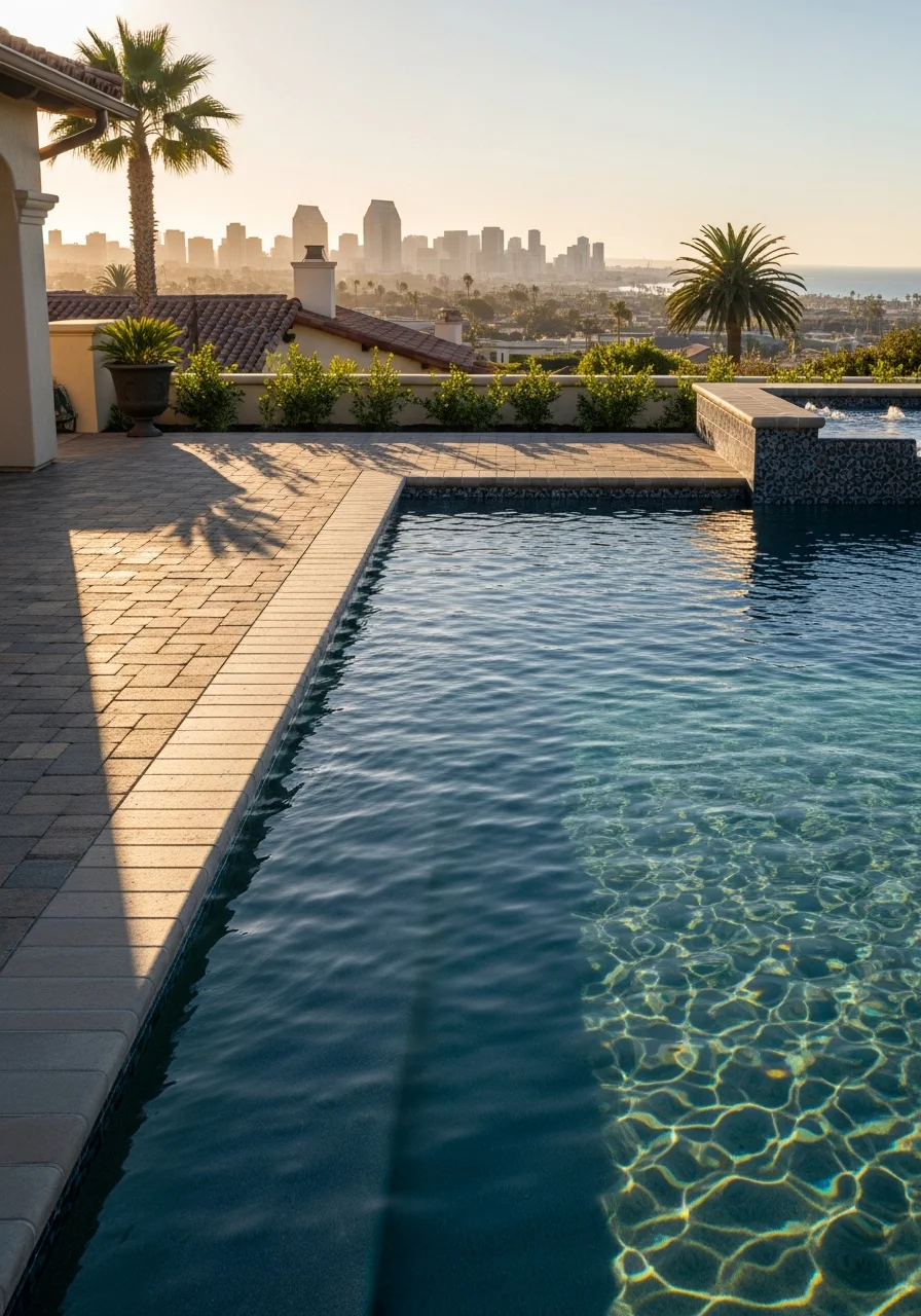 Homeowner reviewing completed work with San Diego skyline visible in the distance.