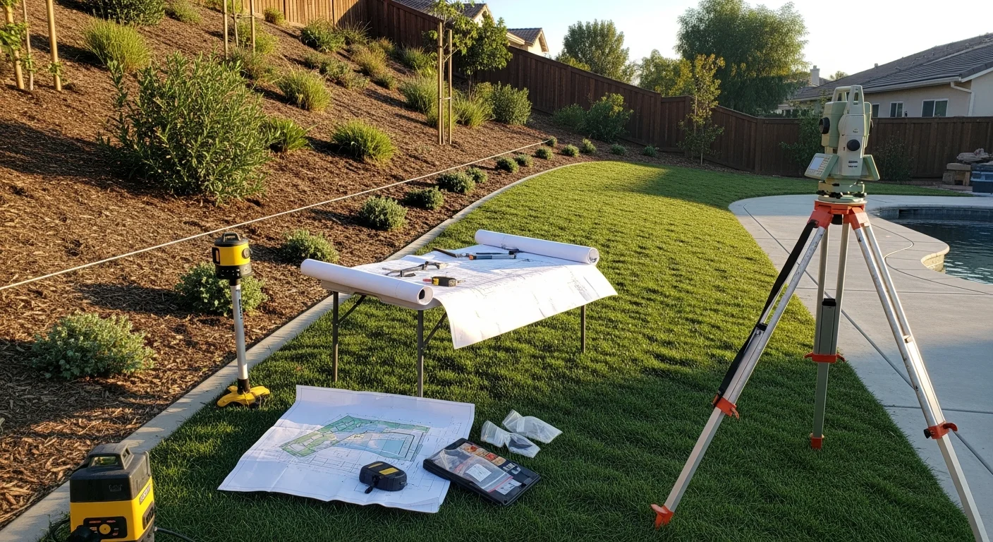 A finished custom inground pool in a Lakeside, California backyard, showing a freeform shape with a sun shelf, stone decking, and landscaping fitted to the lot's natural slope. The pool reflects the clear Southern California sky and is surrounded by a low fence along the property line.