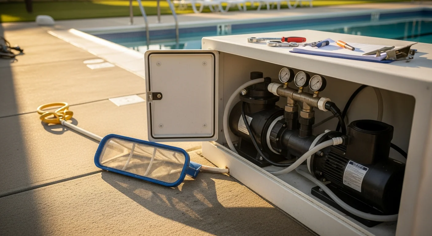 A pool technician inspecting a pump and filter system beside a residential pool in Lakeside, California. The equipment pad shows clean, well-maintained components under a bright summer sky.