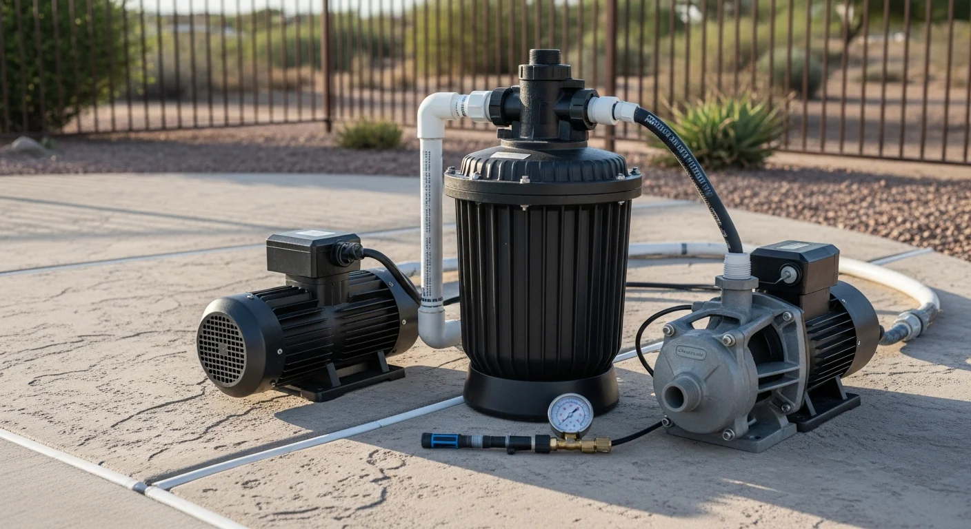 A newly installed pool pump and filter system mounted on a clean equipment pad beside a residential pool in Lakeside, CA. The setup shows fresh plumbing connections and a modern control panel in a sunny backyard setting.