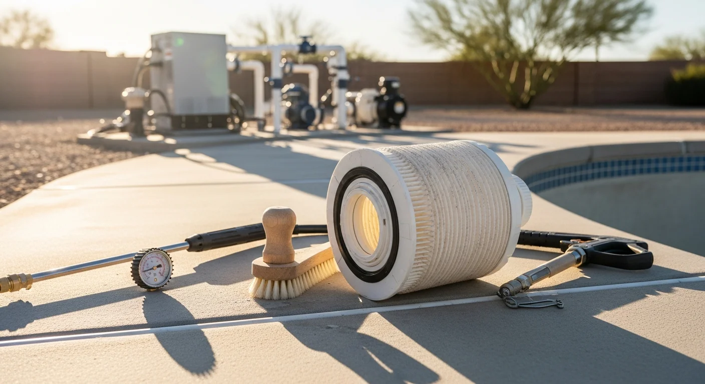 A pool technician cleaning a cartridge pool filter beside a clear backyard pool in Lakeside, California. The filter components are laid out on a clean surface for inspection and washing.