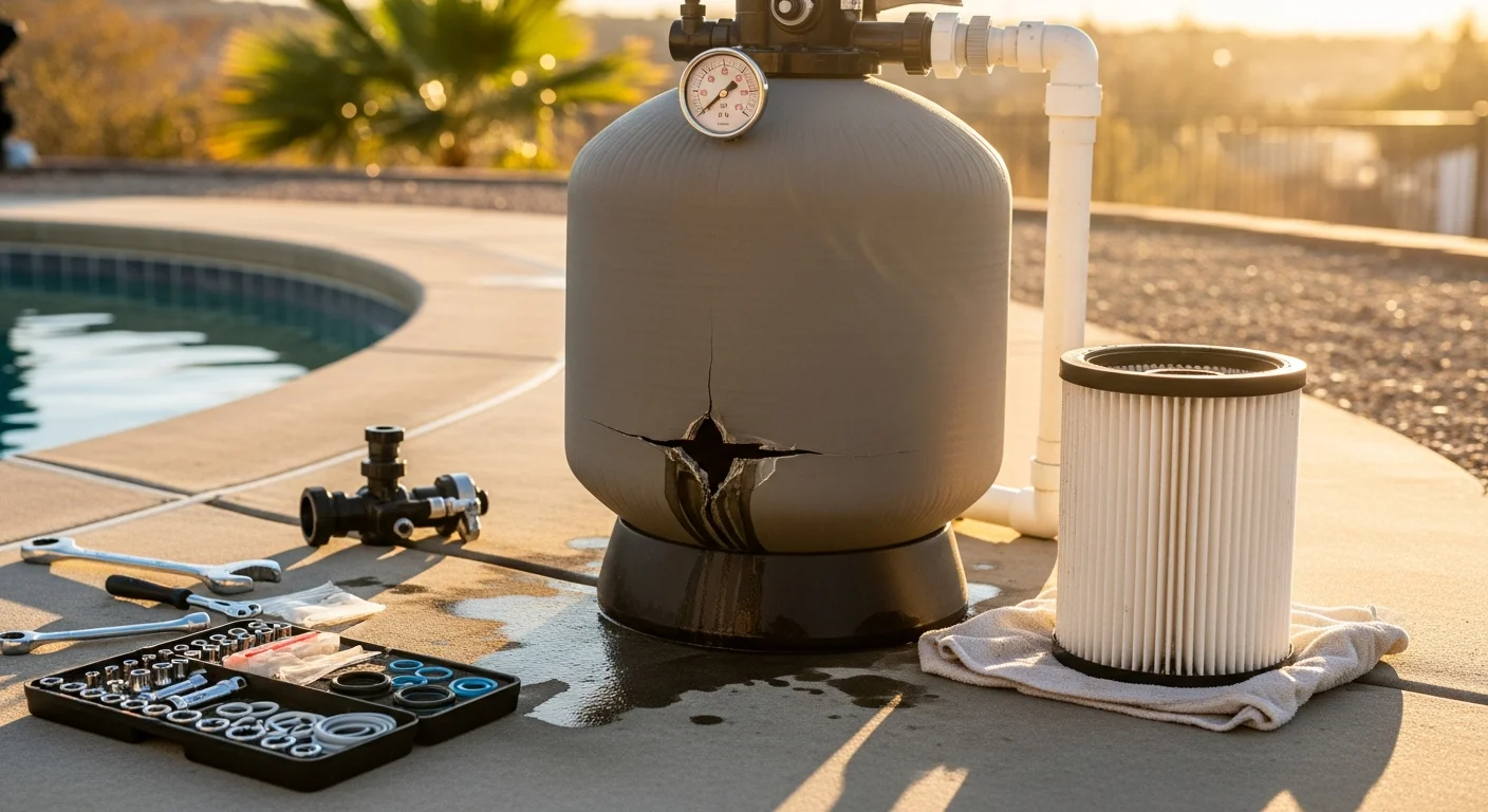A pool technician inspecting an open pool filter housing beside a residential pool in Lakeside, California. The filter components are laid out for inspection on a clean work surface near the equipment pad.