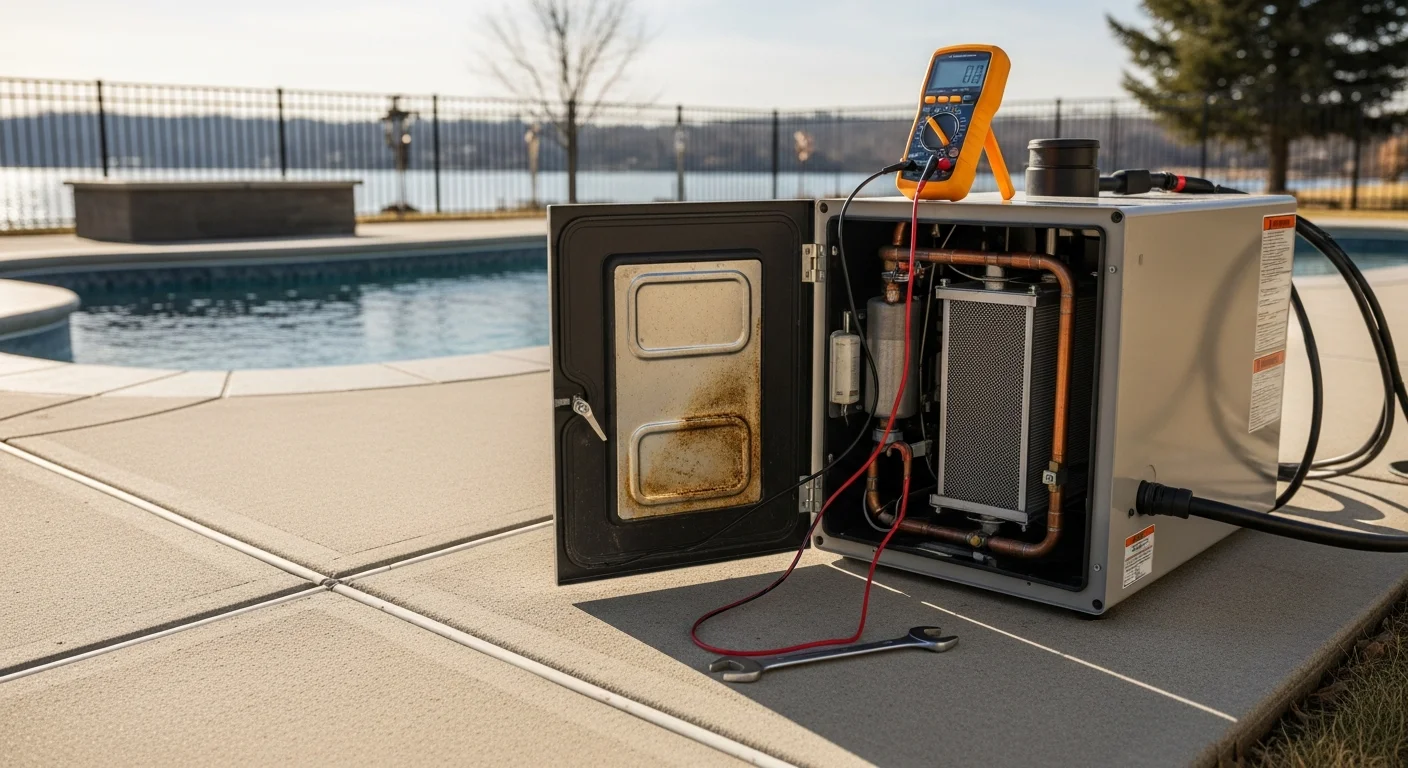 A pool heater unit beside a residential swimming pool in Lakeside, CA, with a technician inspecting the heating components. Clear blue pool water is visible in the background against a sunny Southern California sky.