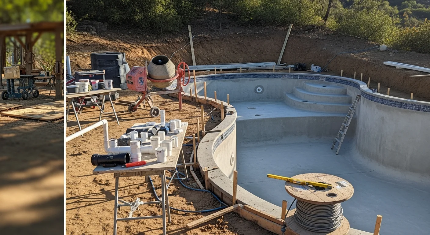 A newly constructed custom in-ground pool with a gunite shell and finished concrete decking in a residential backyard in Lakeside, CA. The pool features clean geometric lines, integrated coping, and a spa section under a clear Southern California sky.