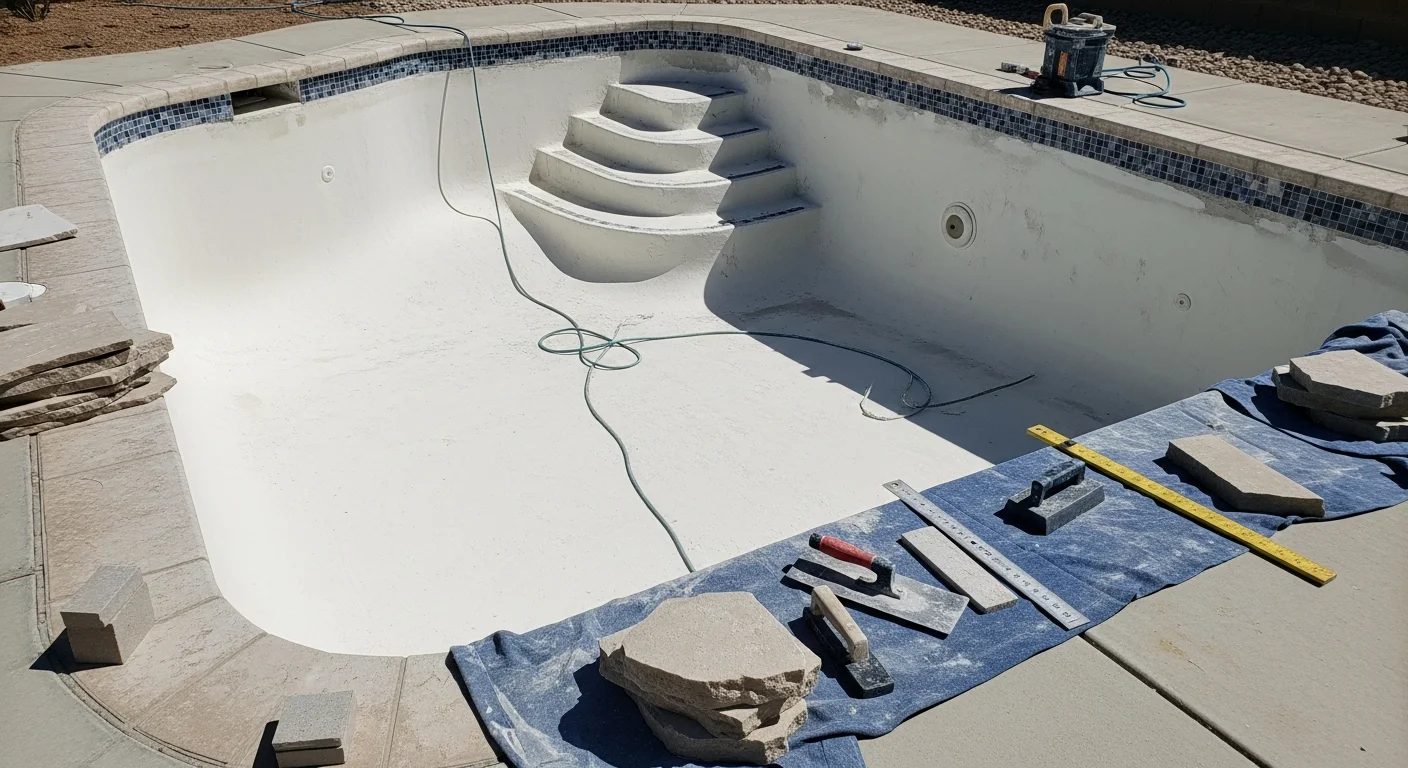 Freshly remodeled backyard pool in Lakeside, CA with new interior surface, updated waterline tile, and resurfaced coping under a clear inland San Diego sky. Pool deck shows smooth, non-slip finish surrounding the full perimeter.
