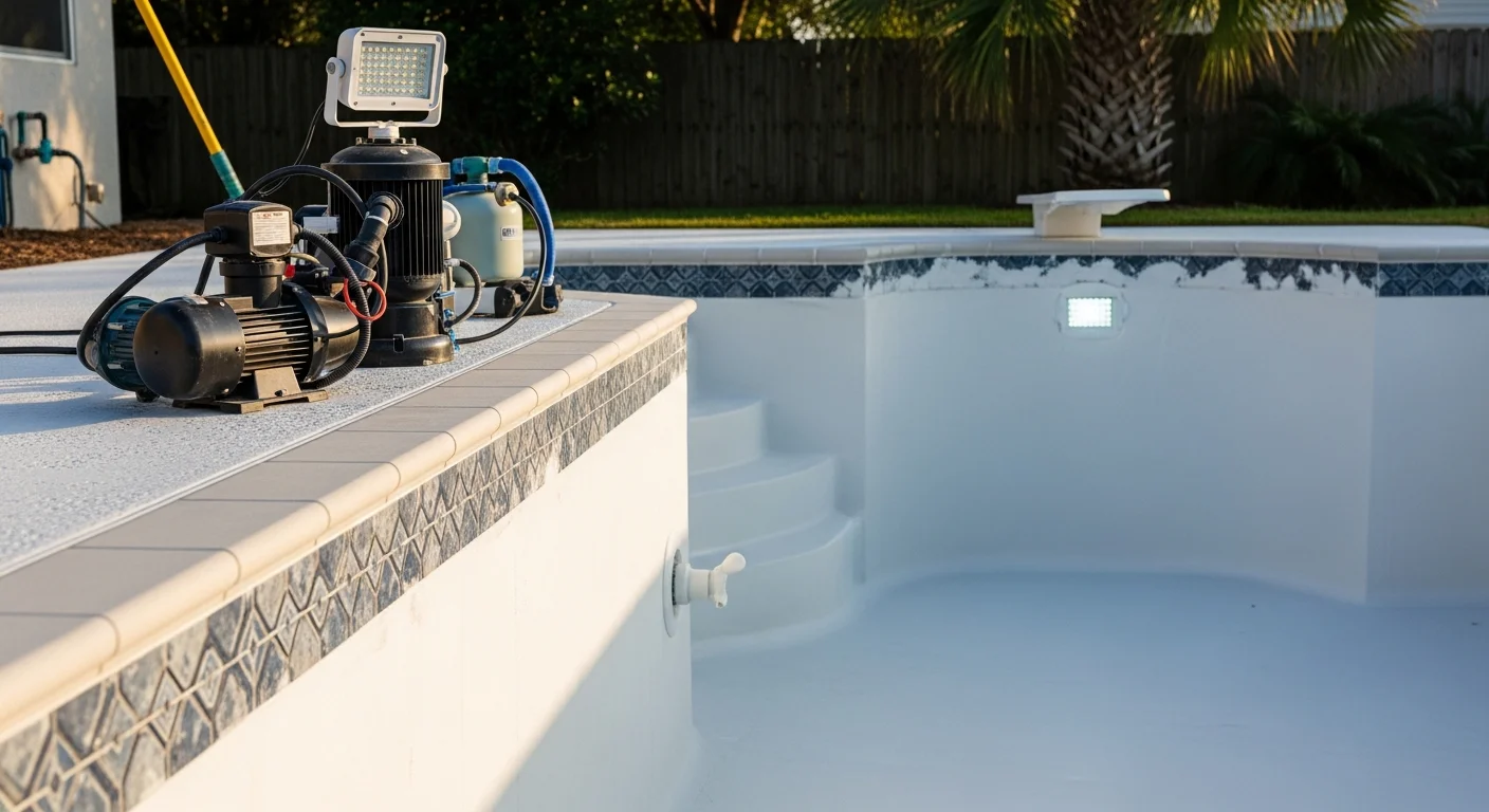 A renovated backyard pool in Lakeside with a freshly resurfaced interior, new waterline tile, and updated coping under bright sunlight. The surrounding deck is clean and even, with no visible cracking or staining.