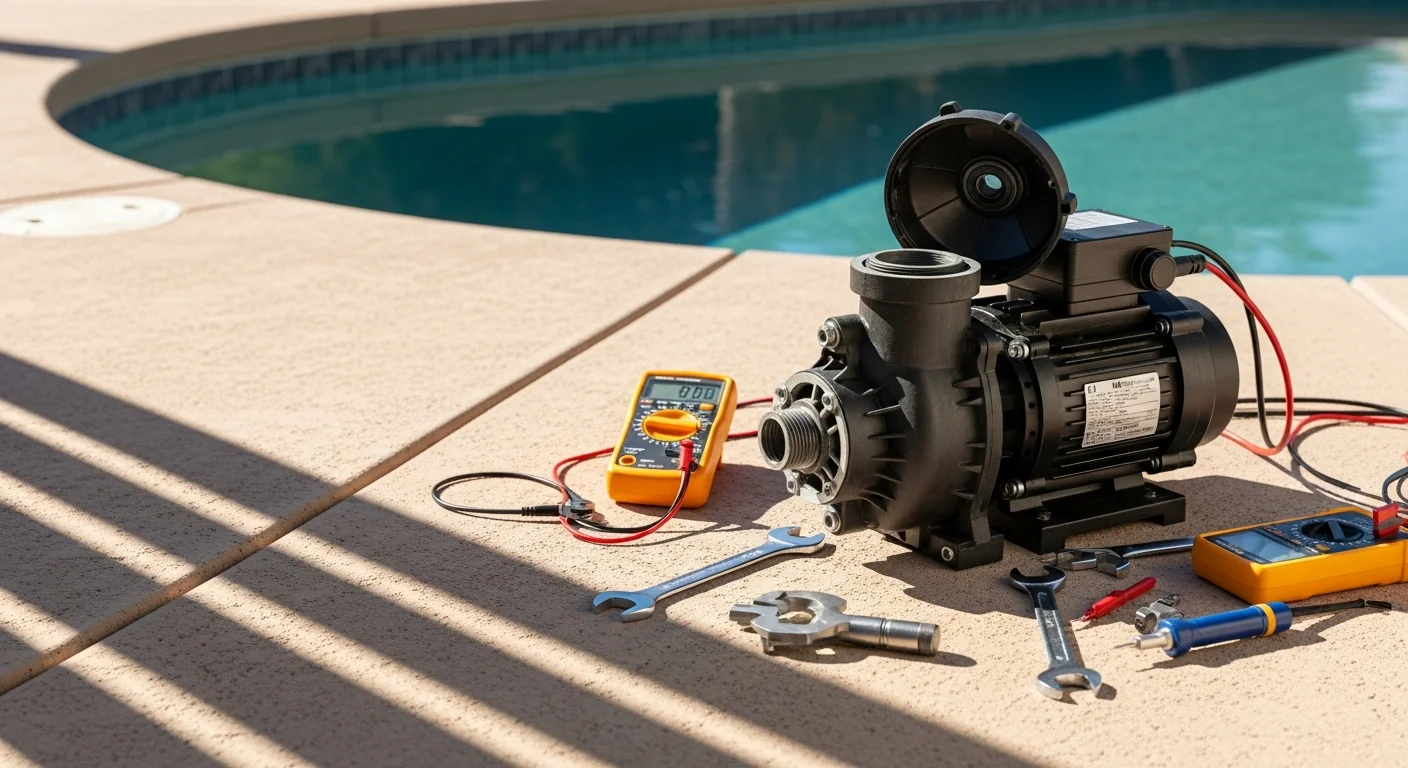 A pool technician inspecting an open pool pump housing at a residential property in Lakeside, California. The pump motor and impeller components are visible during a diagnostic repair visit.