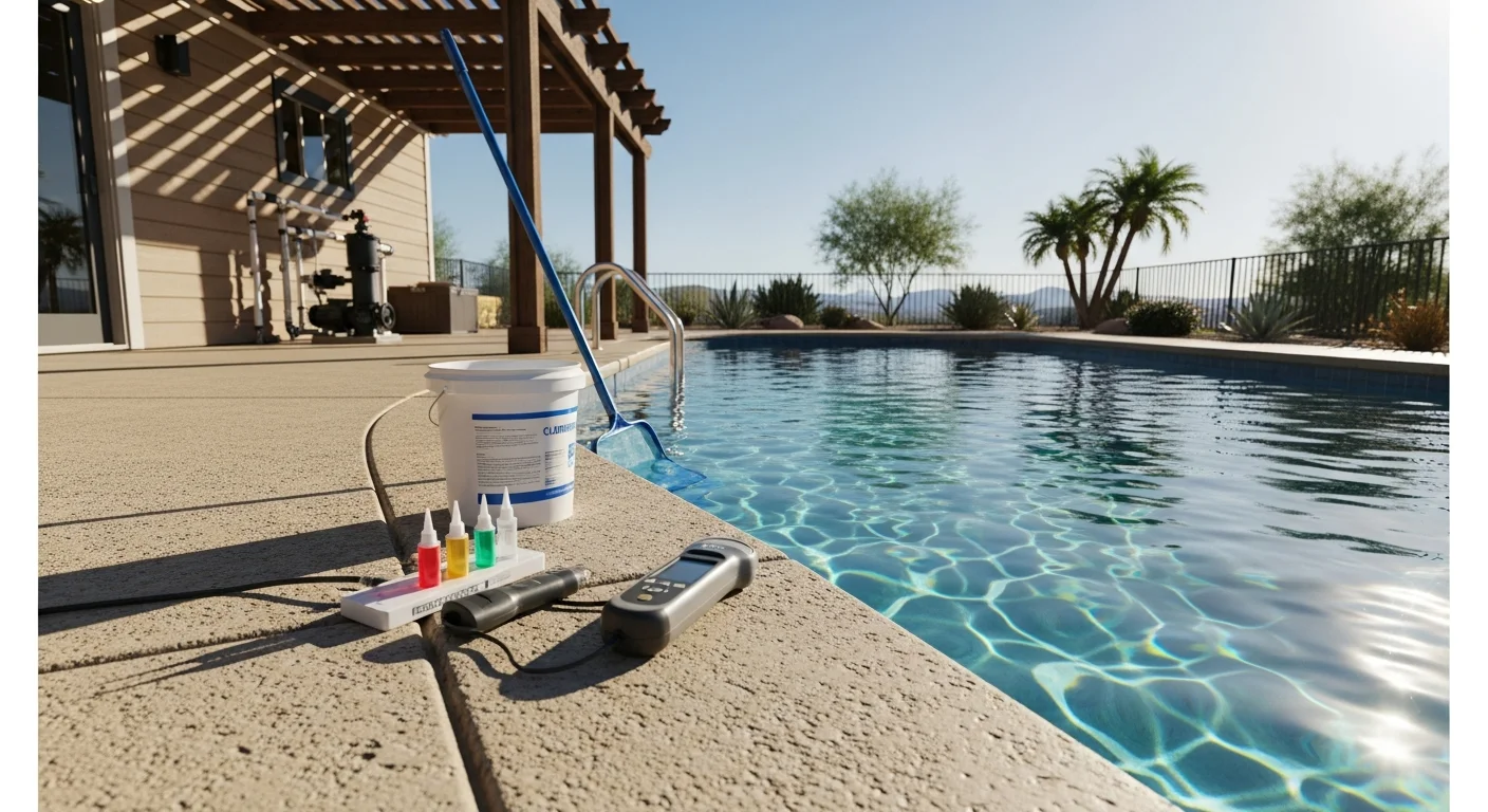 A clean, clear residential swimming pool in Lakeside, CA with balanced blue water and a recently serviced filter system visible on the pool deck. A MV Dream Pools technician checks water chemistry with a test kit during a seasonal maintenance visit.