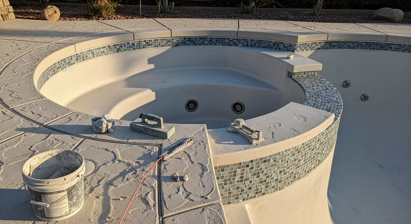 Remodeled backyard spa in Lakeside, California with fresh plaster surface, updated tile coping, and clear water under bright sunlight. The spa sits adjacent to a residential pool in a San Diego County inland backyard setting.