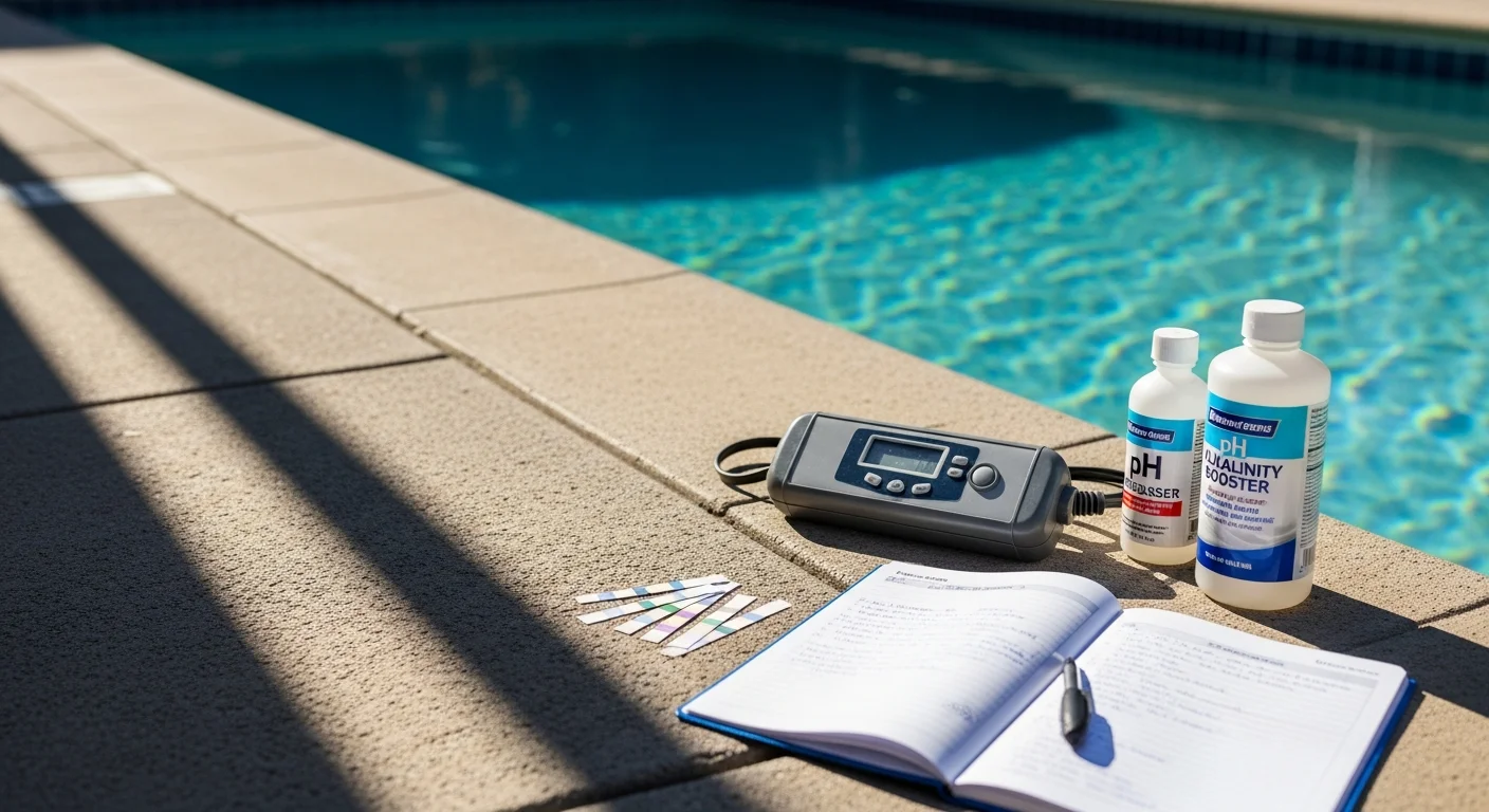 A pool technician testing water chemistry at the edge of a residential pool in Lakeside, California. The pool surface shows clear blue water with visible tile line, set against a dry East County landscape.